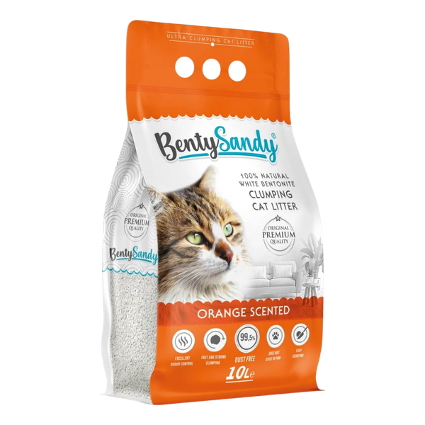 Arena para Gatos Bentysandy Ultra absorbente y Ultra aglomerante 100% Bentonita con aroma (NARANJA) 10L/ 8.7Kg
