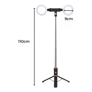 Selfie Stick Trípode 4 en 1 con Control Bluetooth y 2 Aros de Luz – Extensible y Multifuncional