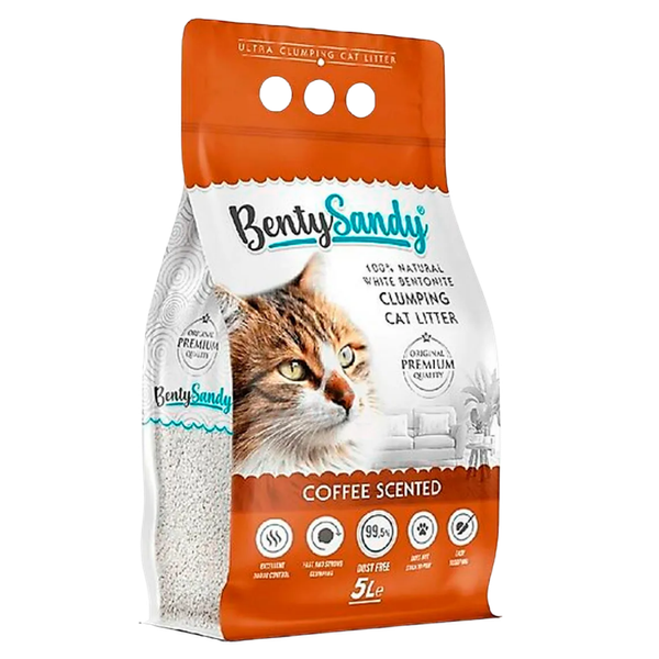 Arena para gatos Bentysandy Ultra absorbente y Ultra aglomerante 100% bentonita con aroma (CAFE) 5L/4.35Kg