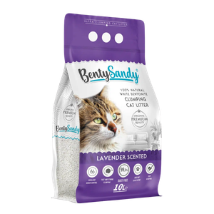 Arena para Gatos Bentysandy Ultra absorbente y Ultra aglomerante 100% Bentonita con aroma (LAVANDA) 10L/ 8,7Kg 4 Unds