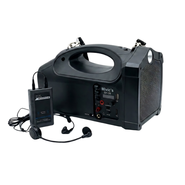 Amplificador Inalámbrico Portátil Mivic’s – Micrófono de Solapa/Headset, Batería Recargable, USB/SD [Pantalla LCD]