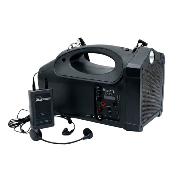 Amplificador Inalámbrico Portátil Mivic’s – Micrófono de Solapa/Headset, Batería Recargable, USB/SD [Pantalla LCD]