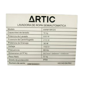 Lavadora Semiautomática Artic 18 kg
