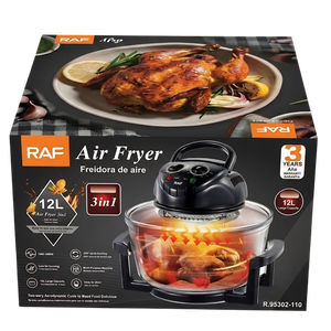 Freidora de Aire RAF de Vidrio 12L – Tazón Transparente, 1400W, Ciclo Aerodinámico, 3 en 1