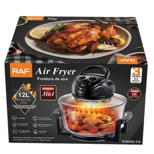 Freidora de Aire RAF de Vidrio 12L – Tazón Transparente, 1400W, Ciclo Aerodinámico, 3 en 1