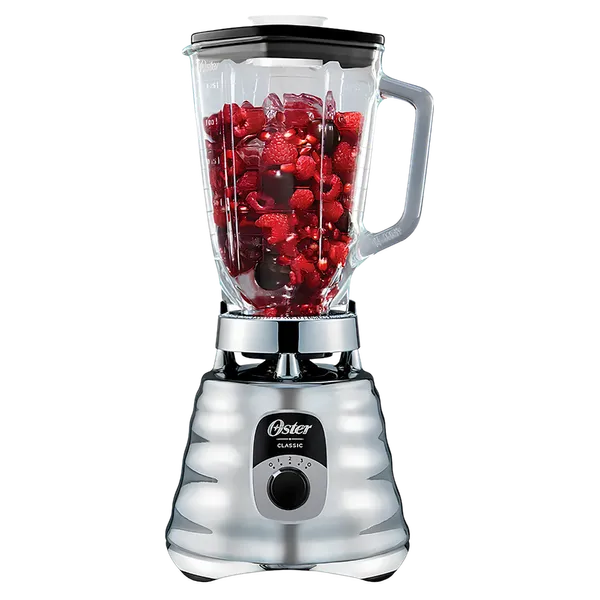 Licuadora Clásica Oster® 3 Velocidades – 1500W, Vaso de Vidrio, Acople Metálico, Envase Portátil [Cromada]